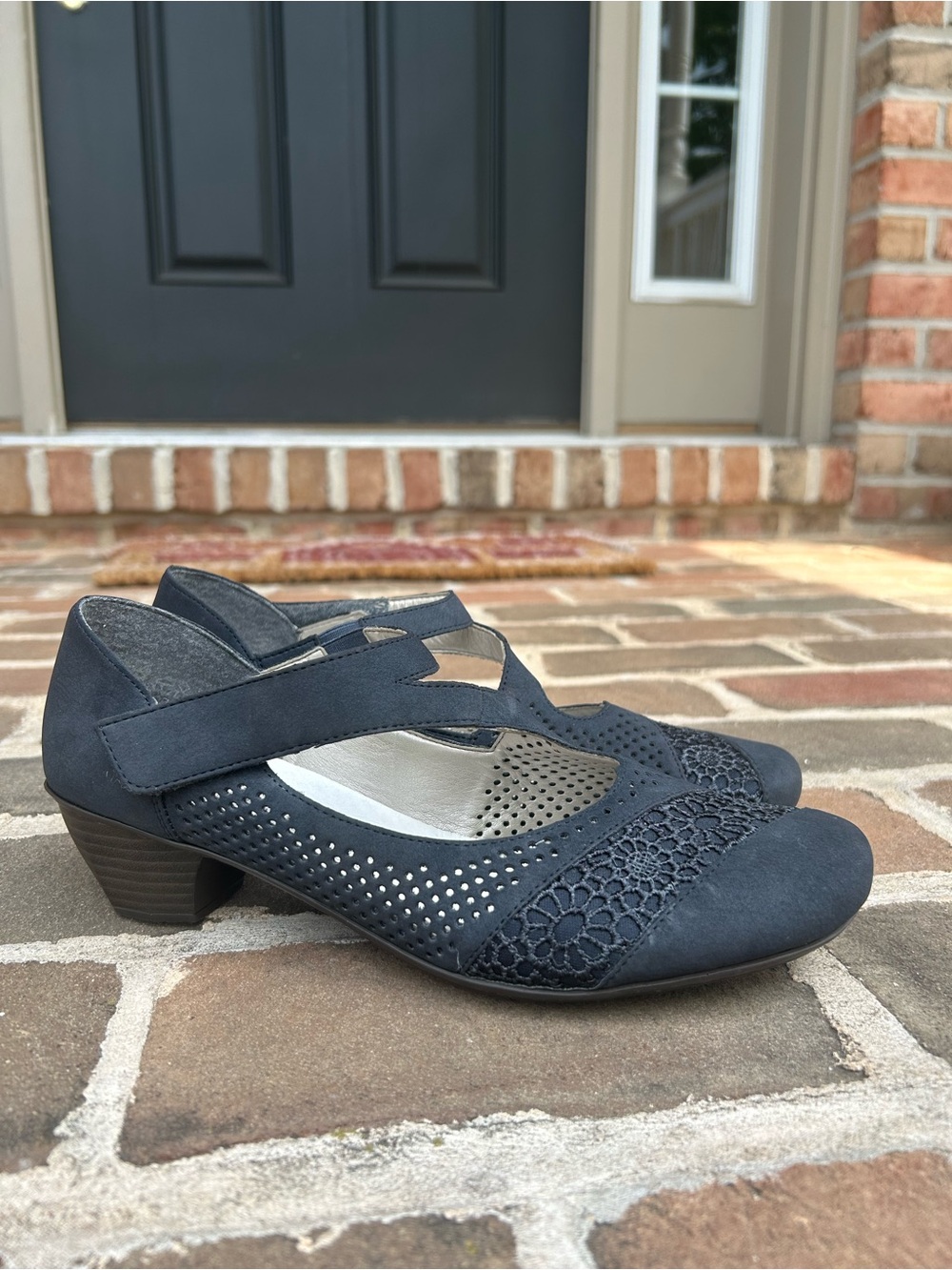 Rieker Mariah Blue Nubuck Crochet Perforated Mary Jane Heels 40 8.5 9